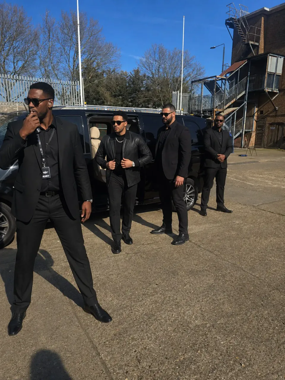 Zentinel close protection team in black suits escorting a client from an SUV
